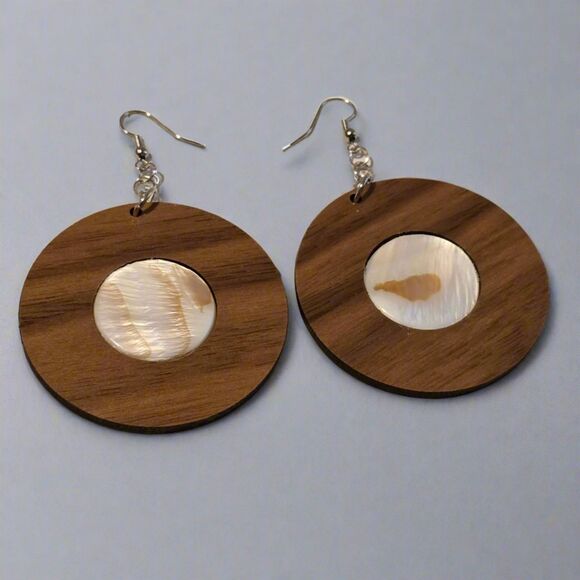 Handmade Wooden Walnut & Shell Round Disc Dangle Earrings – Boho Natural Jewelry - Picture 2 of 2